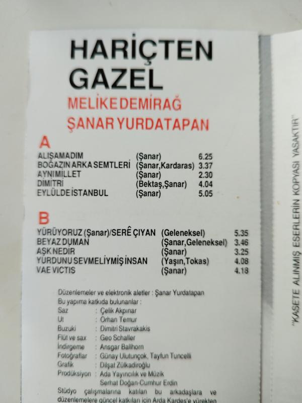 Melike Demirağ / Şanar Yurdatapan - Hariçten Gazel - 1991 Türkiye Basım Kaset Albüm