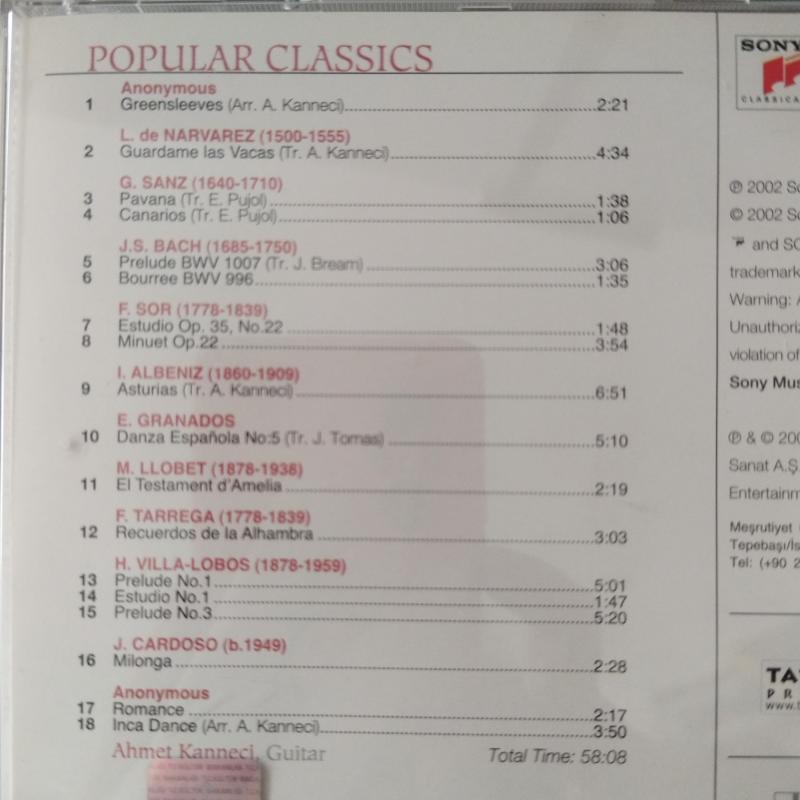 Ahmet Kanneci / Popular Classics  –  2002 Türkiye Basım  -  2. El   CD  Albüm