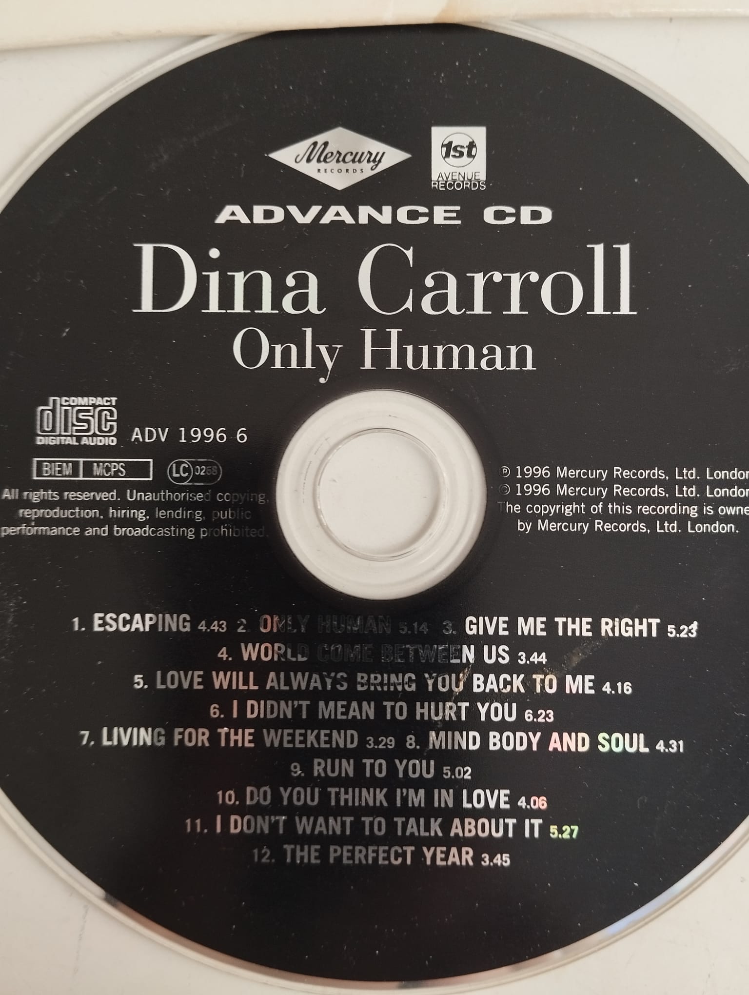 Dina Carroll – Only Human - 1996 İngiltere Basım - 2. El CD Albüm, Promo