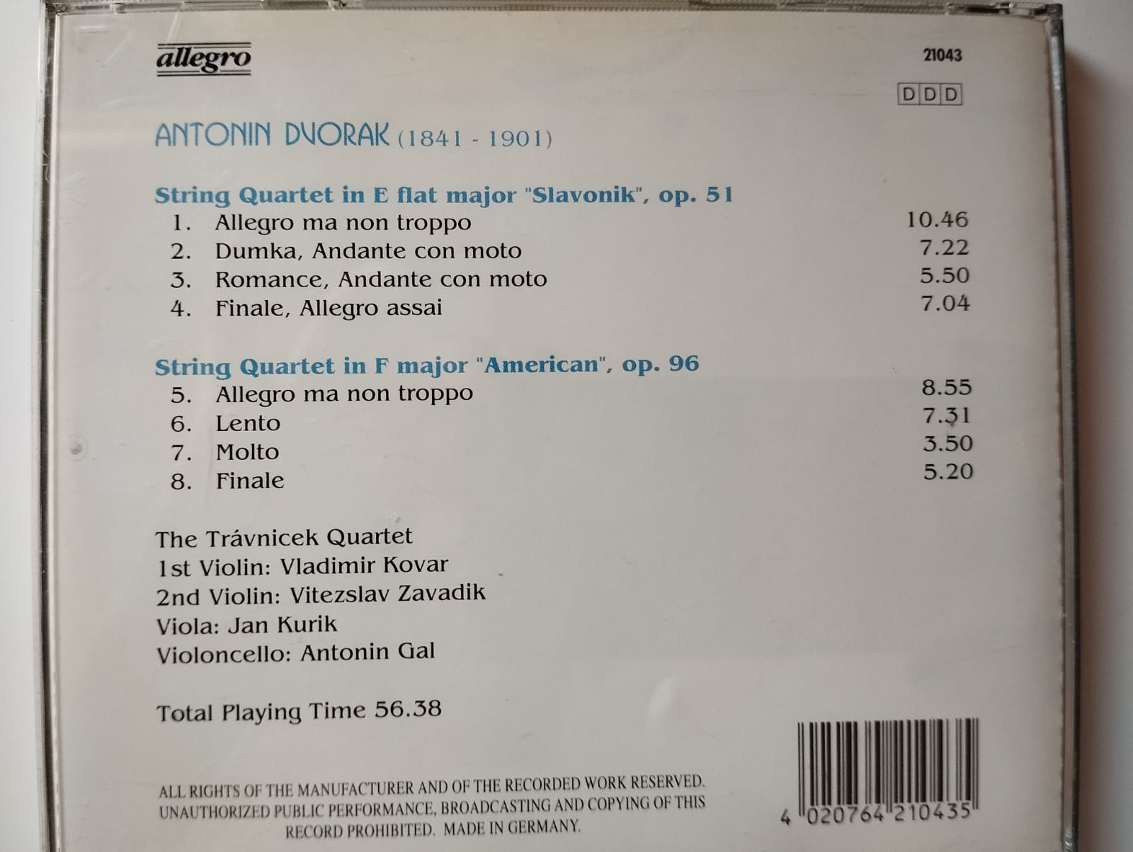 Antonin Dvorak / String Quartetts - Avrupa Basım 2. El CD Albüm