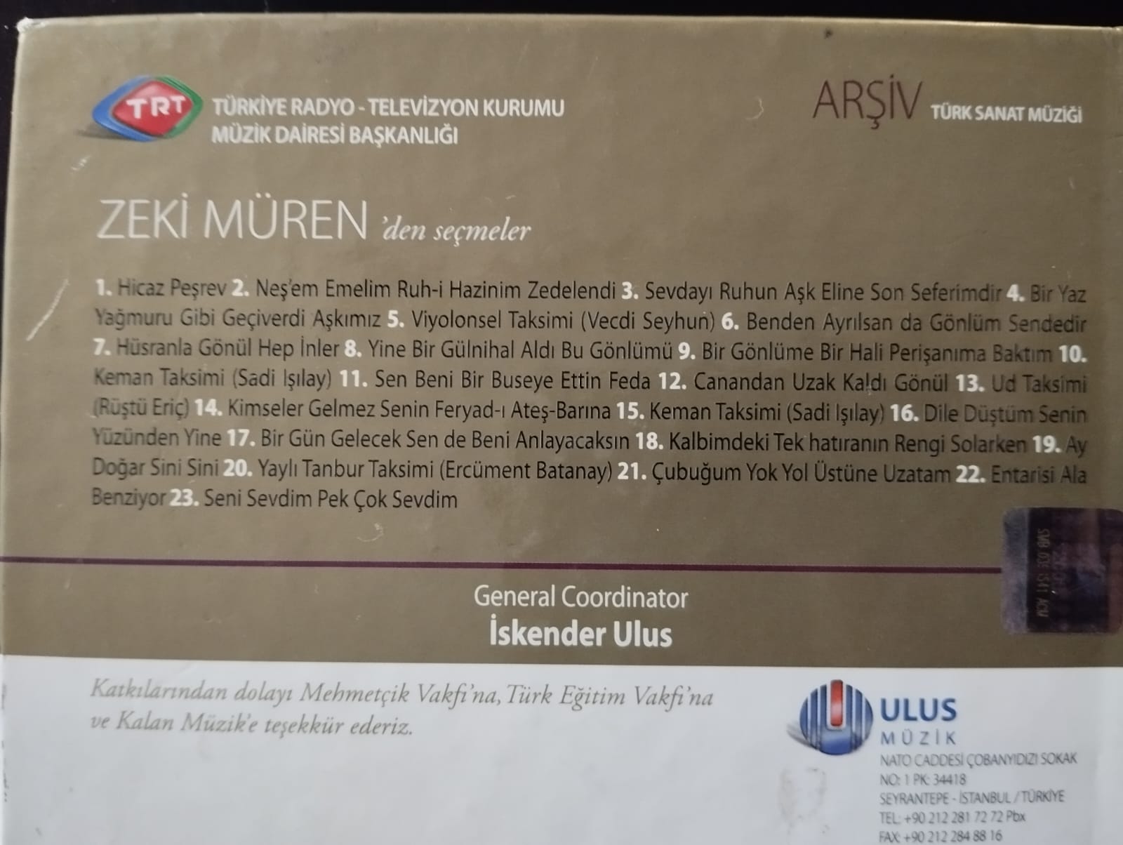 Zeki Müren’den Seçmeler /Türkiye Radyo Televizyon Kurumu  - Türkiye Basım - 2. El CD Albüm