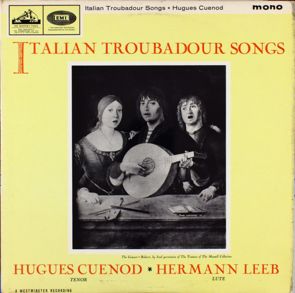 Hugues Cuenod  – Italian Troubadour Songs -  İngiltere Basım 33 Lük LP  Plak Albüm