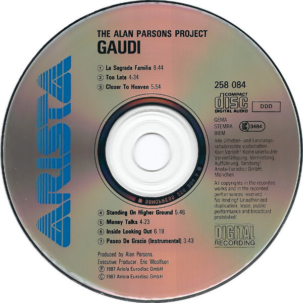 Alan Parsons Project - Gaudi - 1987 Almanya  Basım  CD Albüm 2. el