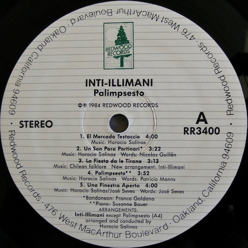 Inti - Illimani - Palimpsesto - 1984 USA Basım 33 lük LP Plak